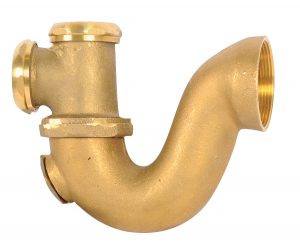 Brass P-trap pipe fitting isolated on white background.