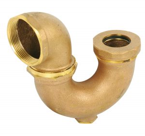 Brass plumbing elbow joint isolated on a white background.
