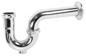 Chrome P-trap for plumbing with cleanout on a white background.