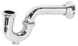 Chrome P-trap for sink plumbing on a white background.
