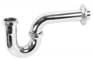Chrome P-trap for sink plumbing isolated on a white background.