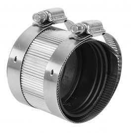 Flexible ribbed hose clamp with tightening screws on white background.