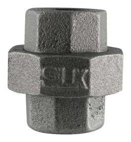 Close-up of a metal hexagonal plumbing pipe fitting on a white background.