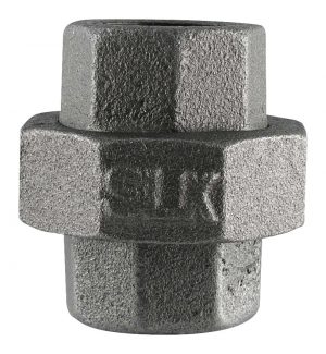 Close-up of a galvanized steel pipe coupling on a white background.