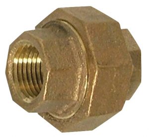 Brass pipe fitting with hexagonal shape and internal threads visible.