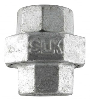 Metallic hex-shaped plumbing coupling on a white background.