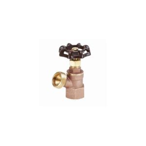 Brass water spigot with a black wheel handle on a white background.