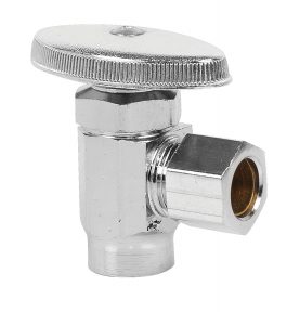 Chrome-plated brass angle valve with knob on a white background.