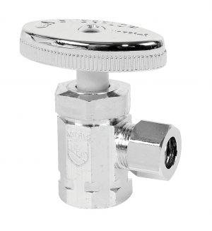 Chrome-plated angle valve with a rotating knob and pipe connectors on a white background.