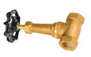 Brass outdoor faucet with a black wheel handle on a white background.