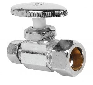 Chrome-plated brass water shut-off valve with a round handle.