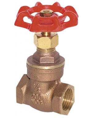 A brass gate valve with a red wheel handle on a white background.