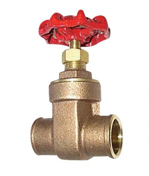Bronze gate valve with a red wheel handle isolated on white background.
