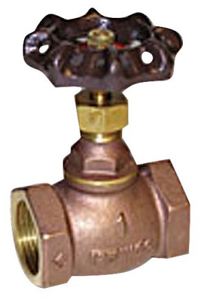 Brass gate valve with a black handwheel and threaded connections.