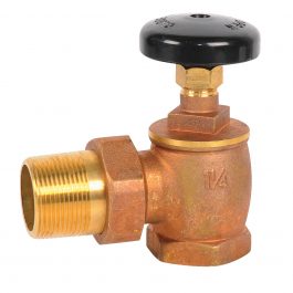 Brass gate valve with black handle and male thread on white background.