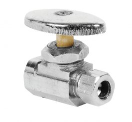 Metal inline valve with a flat, round handle on a white background.