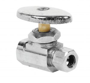 Metal inline valve with a flat, round handle on a white background.