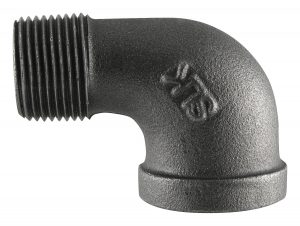 Black metal pipe elbow fitting isolated on a white background.