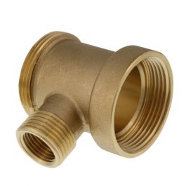 Brass plumbing T-fitting with threaded connections on a white background.