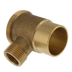 A brass tee plumbing fitting with one threaded male end and two smooth female ends.