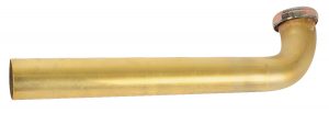 Brass plumbing pipe with a 90-degree elbow bend, isolated on a white background.
