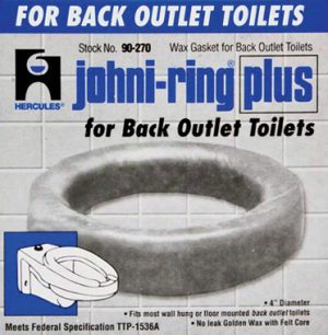 Advertisement for 'Johni-Ring Plus' wax gasket for back outlet toilets with product image and specifications.