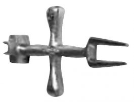 A metal four-pronged object with rounded edges and a textured surface.
