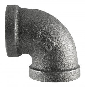 A black metal 90-degree elbow pipe fitting on a white background.