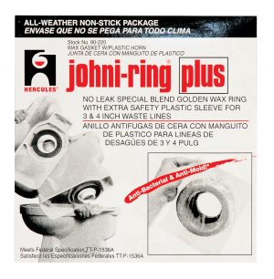 Packaging for Hercules Johni-Ring Plus wax gasket with additional features highlighted.