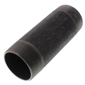 Black threaded steel pipe nipple on a white background.