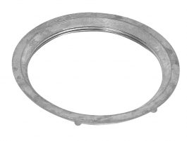 Metal lock ring for machinery on a white background.