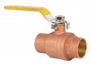 Copper ball valve with yellow lever on a white background.