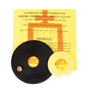 A leather diaphragm and yellow paper packaging for valve repair, marked "important" with instructions.