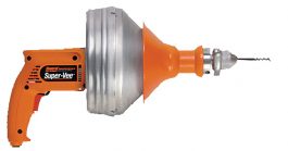 Orange handheld electric drain cleaning machine with a black label 'Super-Vee'.