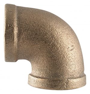 A 90-degree elbow pipe fitting made of bronze isolated on a white background.