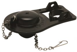 A black bathtub overflow drain cover with attached chain and stopper.