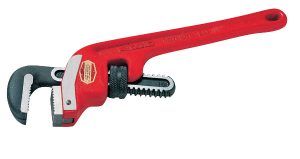 A red pipe wrench isolated on a white background.