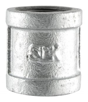 Close-up of a silver metal pipe coupling on a white background.