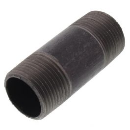 Black metal pipe nipple with external threads on a white background.