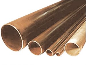 Assorted sizes of copper pipes on a light background.