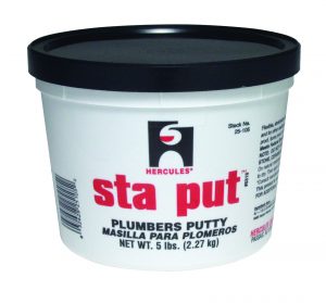 A container of Hercules Sta Put plumbers putty with product details and branding.