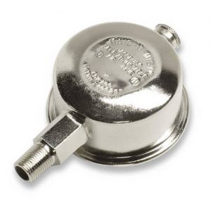 A shiny metal whistle with a screw attachment on a white background.