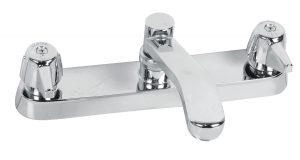 Chrome two-handle wall-mount sink faucet on a white background.