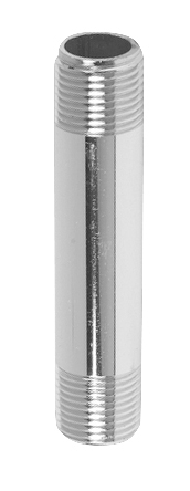 A silver metallic pipe nipple with threaded ends on a white background.