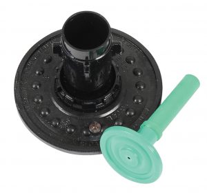 A black lawn sprinkler head with a green nozzle adjuster on white background.