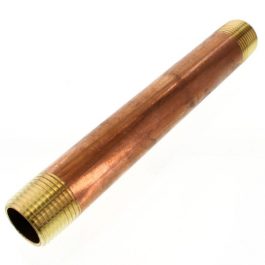 Copper pipe with threaded brass connectors on a white background.