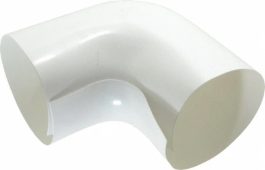 White PVC pipe elbow joint on a light background.