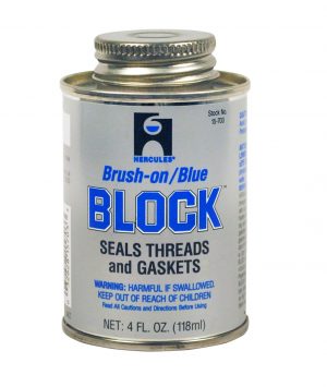 A can of Hercules Brush-on Blue Block pipe sealant with warnings and usage instructions.