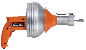 An orange and silver handheld drain cleaning tool with a Power-Vee label.