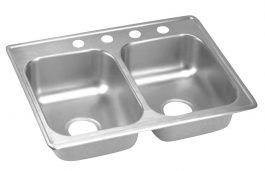 Double basin stainless steel kitchen sink with faucet holes.